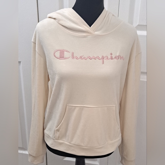Champion Cream Velour Hoodie With Pink Embroidery Size M - Picture 1 of 13